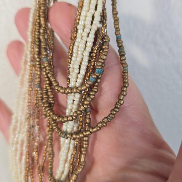 Vintage Beaded Necklace Braided Long Multistrand Cream Bronze Classic Boho Glam - Picture 8 of 12